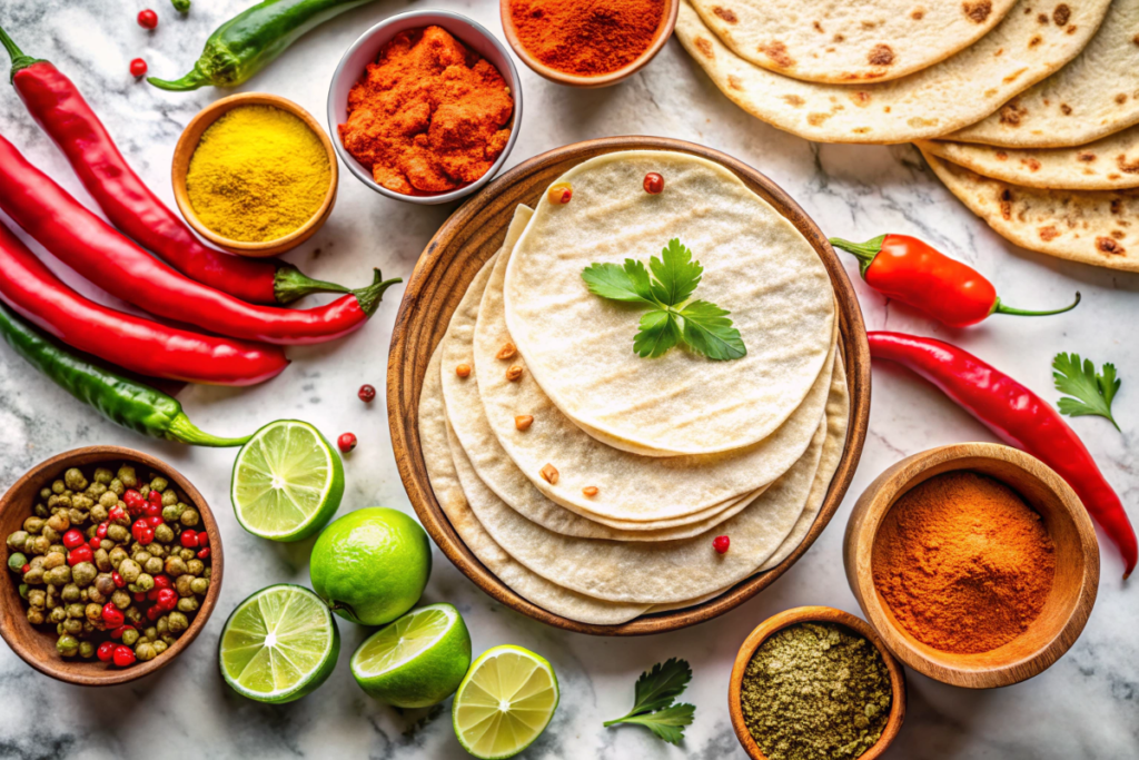 Ingredients for air fryer tortilla chips including tortillas, spices, and lime on a marble countertop