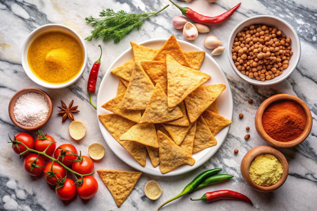 Ingredients for homemade baked tortilla chips, including flour tortillas, oil, and spices