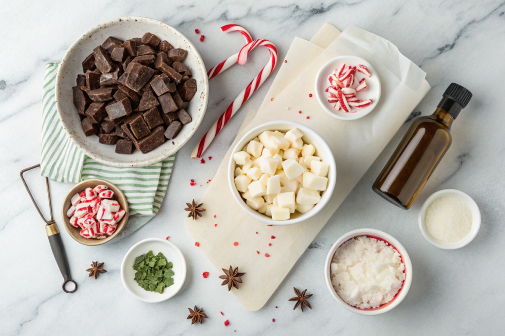 Ingredients for peppermint bark, including chocolate, candy canes, and peppermint oil on a marble countertop.