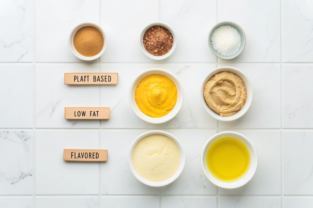 Different types of baking spread with ingredients like vegetable oils and salt.