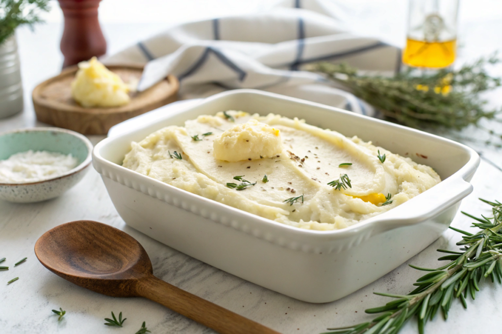 Baking dish with mashed potatoes topped with melted butter and fresh herbs, ready to be reheated.