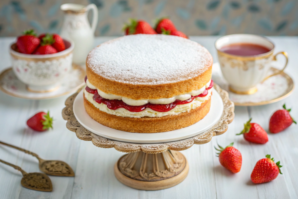 Mary Berry’s iconic Victoria Sponge Cake on a rustic stand, surrounded by a tea set and fresh strawberries.