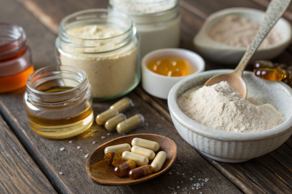 Close-up of jars containing gelatin, whey, honey, and vitamin D3 capsules, commonly found in non-vegan foods.