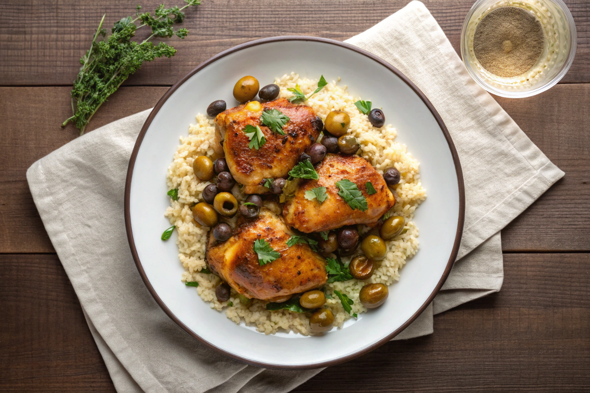 Chicken Marbella plated with prunes, olives, and herbed couscous, garnished with parsley.