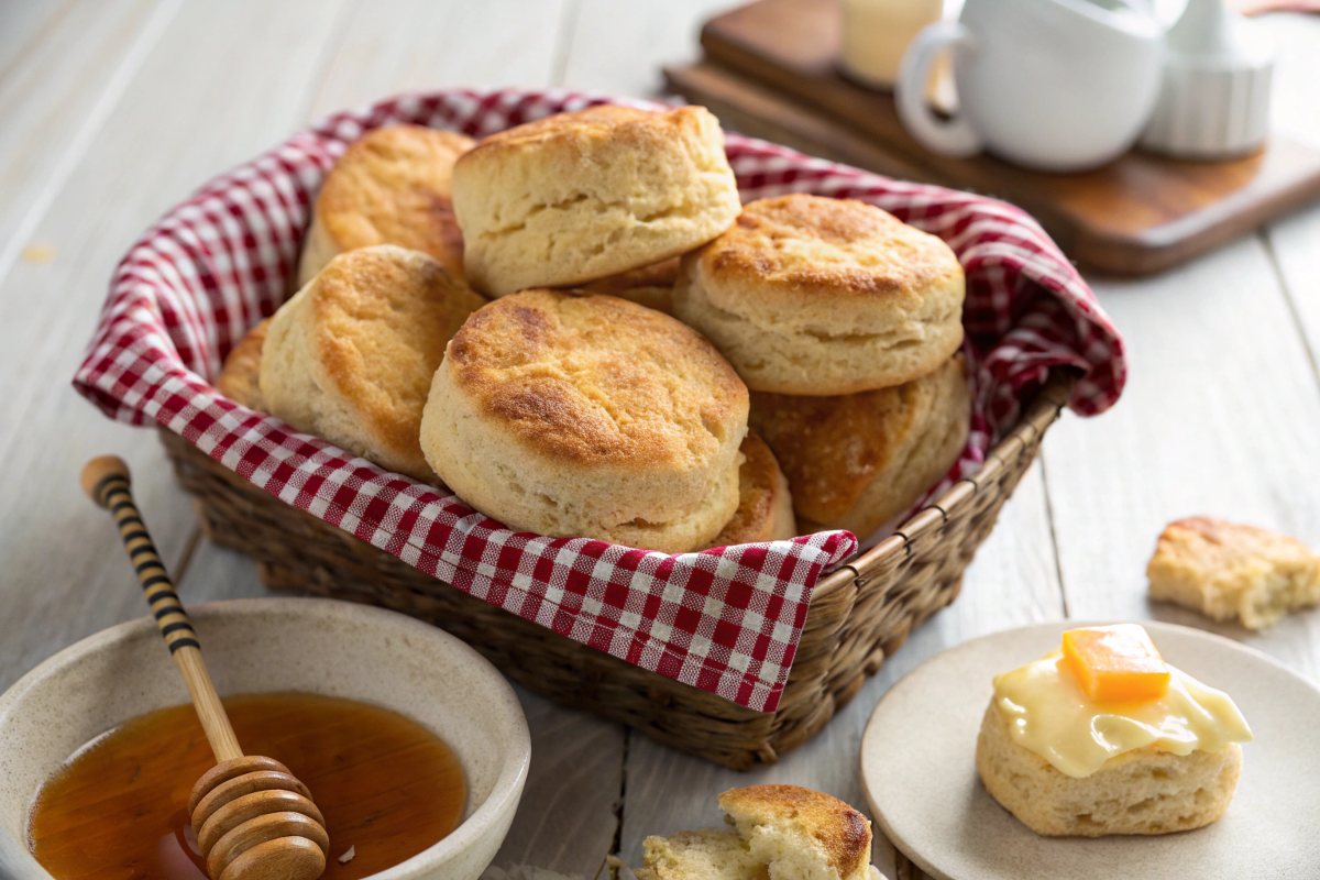 A basket of golden-brown Pillsbury Grands biscuits served with butter and honey