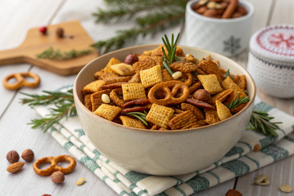 A bowl of Air Fryer Chex Mix with pretzels, nuts, and bagel chips, garnished with fresh herbs on a wooden table.