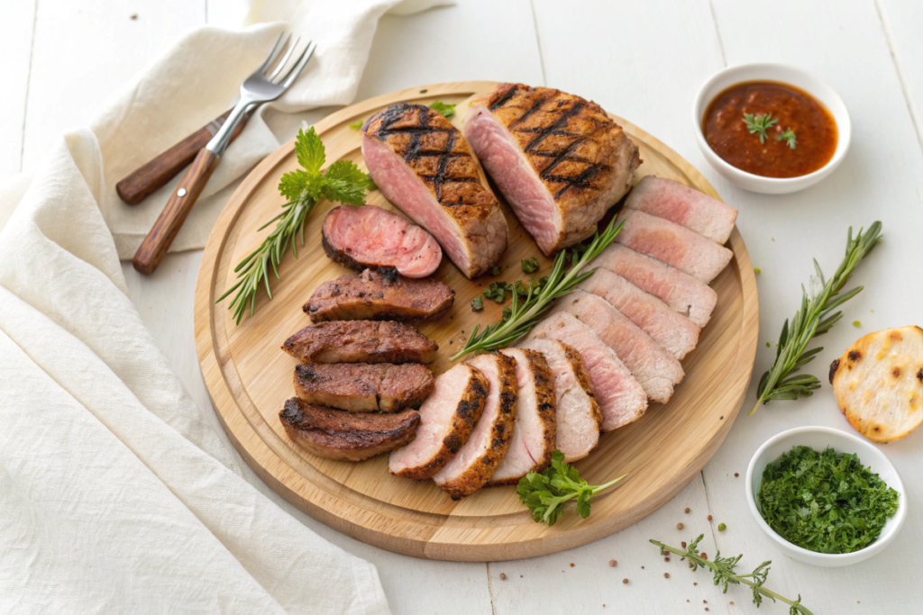 A clean and vibrant display of cooked chicken, pork, and beef slices on a wooden cutting board, garnished with herbs.