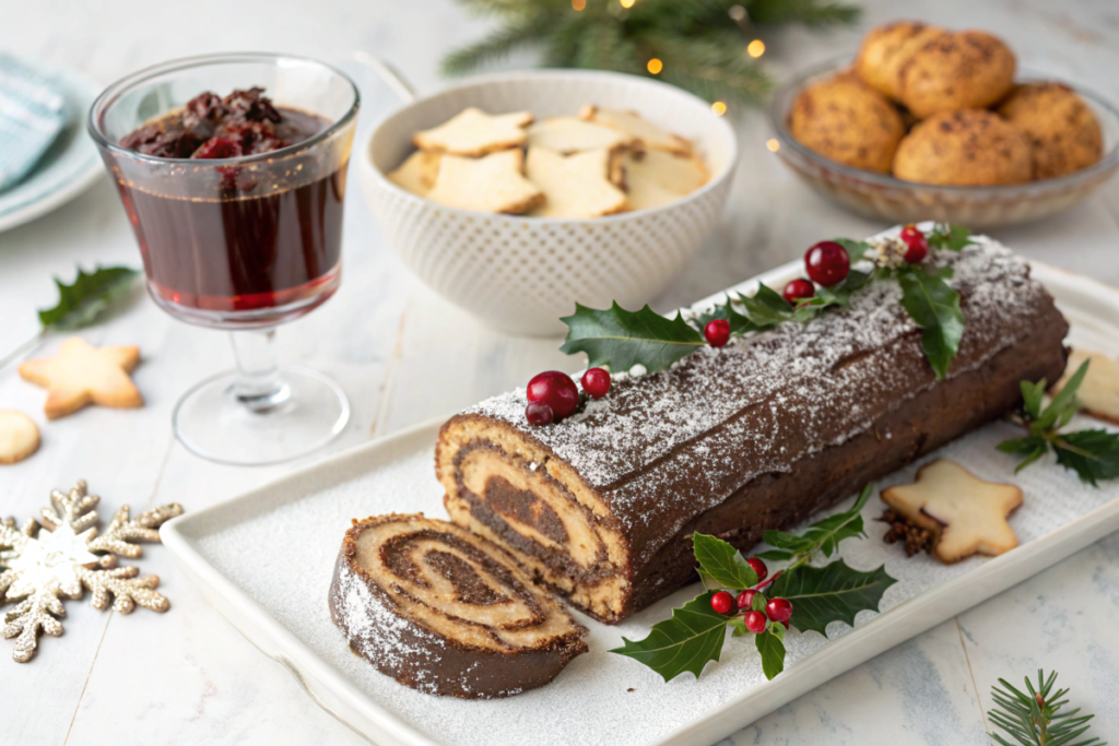 Yule log cake with chocolate frosting, gingerbread cookies, and trifle as festive Christmas desserts.