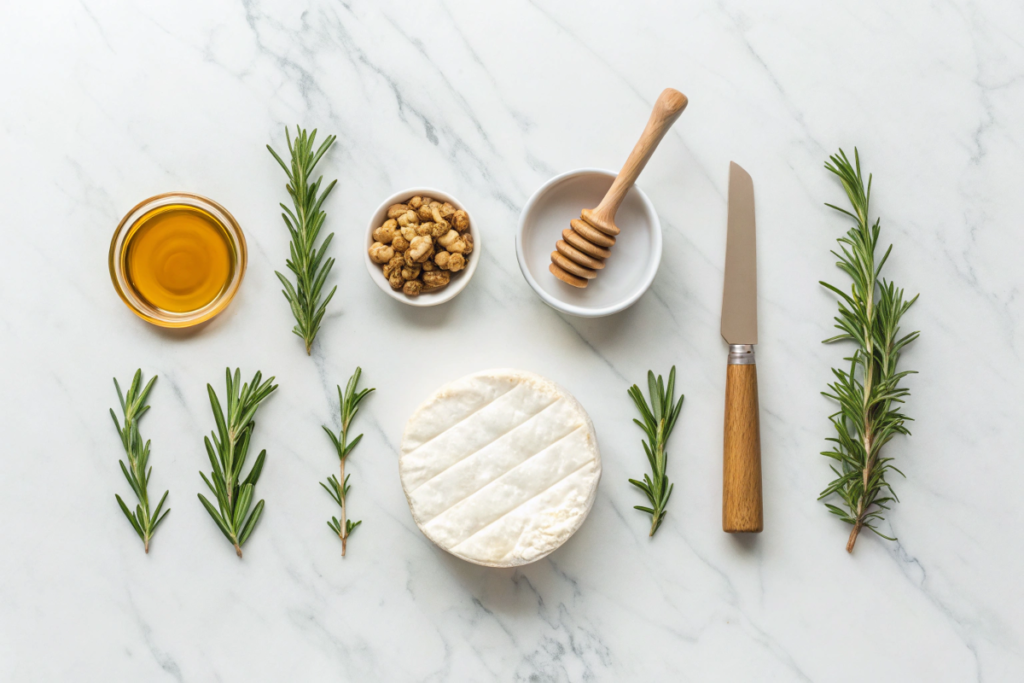 Ingredients for air fryer brie honey: a wheel of brie, a jar of honey, fresh rosemary, and crushed nuts on a marble countertop.