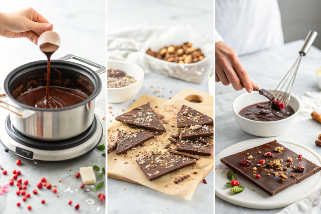 A collage of steps to make Christmas bark: melting chocolate, spreading it, and breaking the bark into pieces.