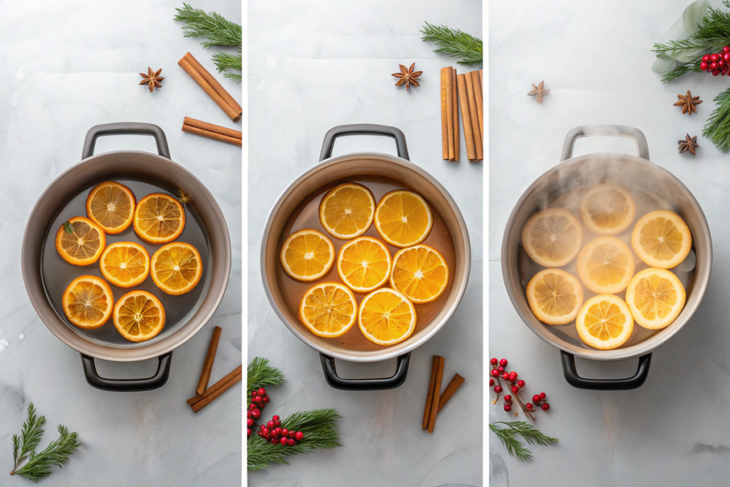 Collage showing steps to make a Christmas simmer pot, from adding ingredients to simmering and serving