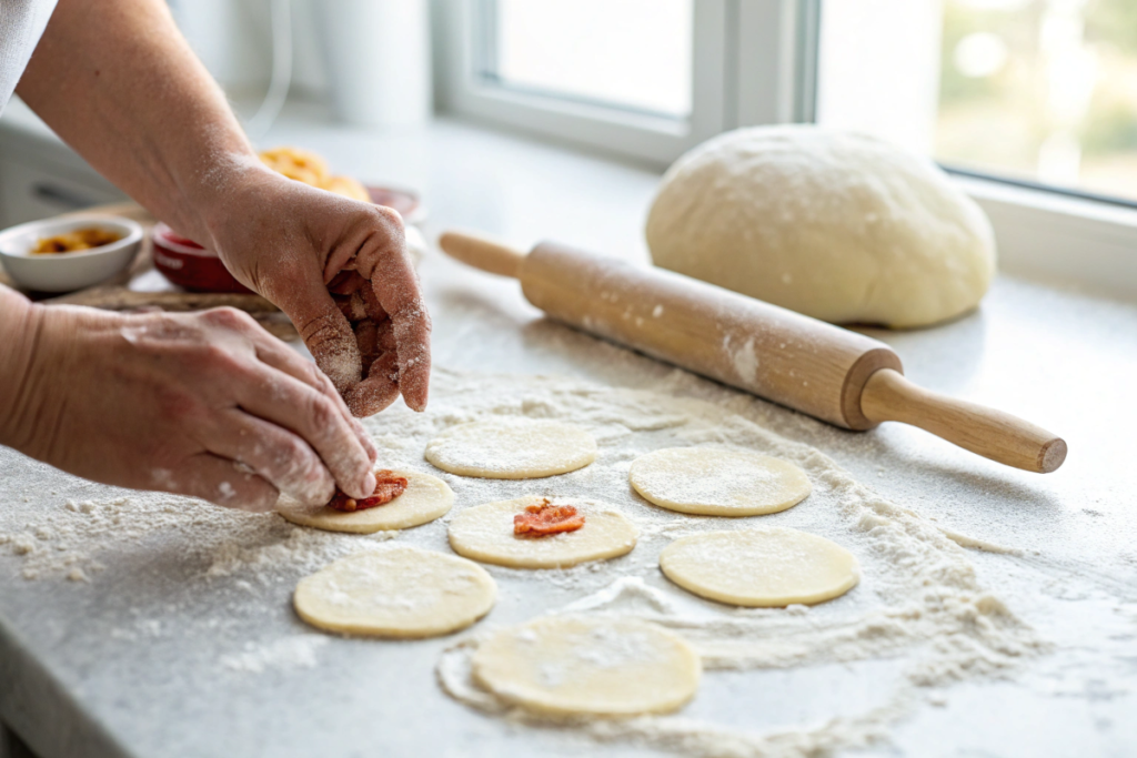 Hands shaping pizza dough into small disks for air fryer fried dough.