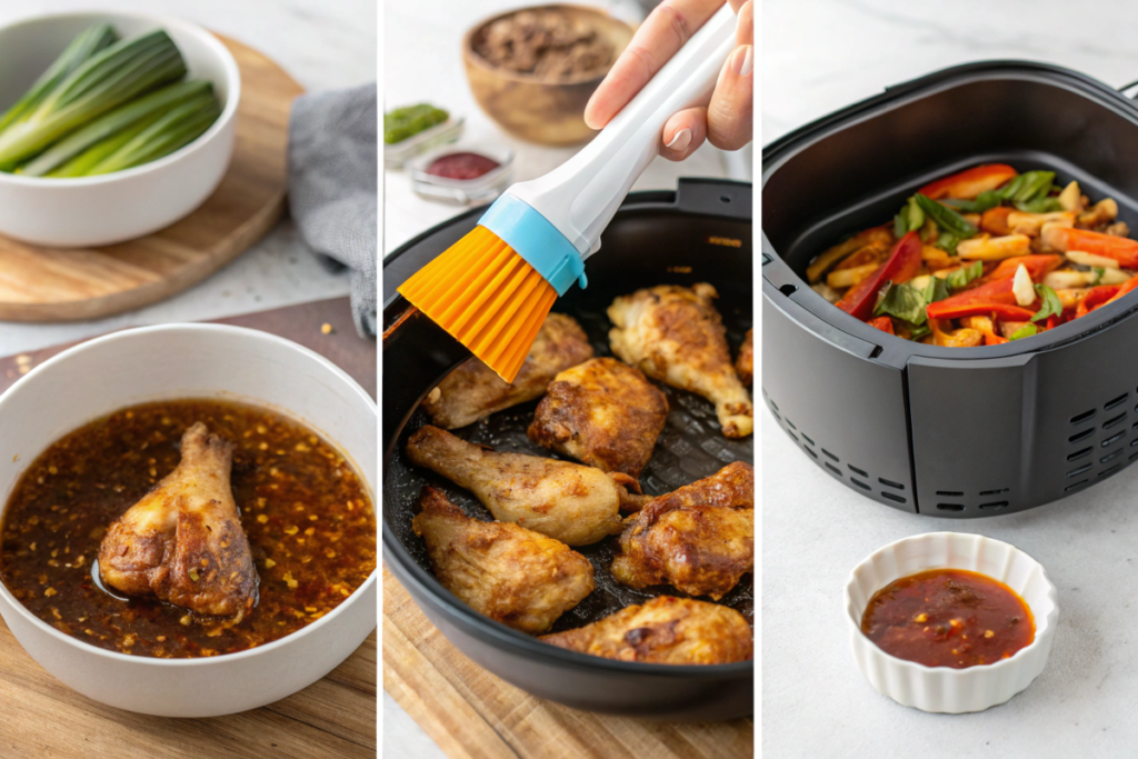 A collage showing steps for using liquids in an air fryer: marinating, loading, and final results.