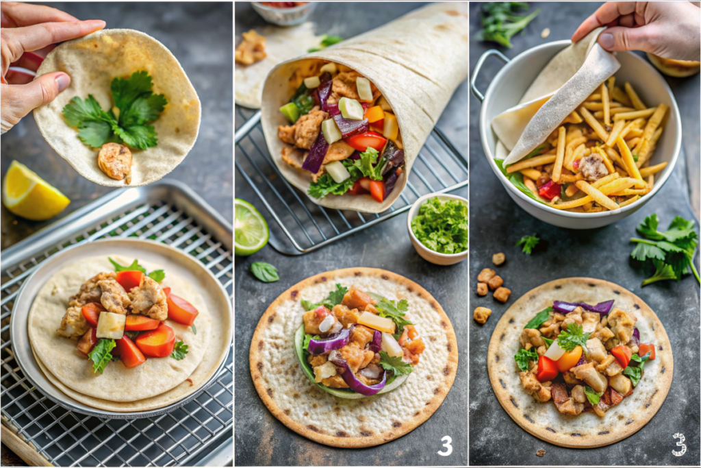 Collage showing step-by-step preparation of air fryer tortilla wraps, from filling to crisping