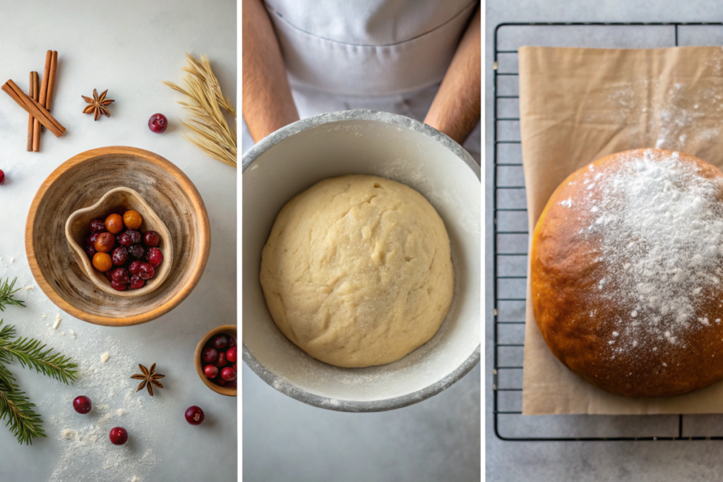 Collage showing kneading dough, proofing, and a finished Christmas bread loaf.