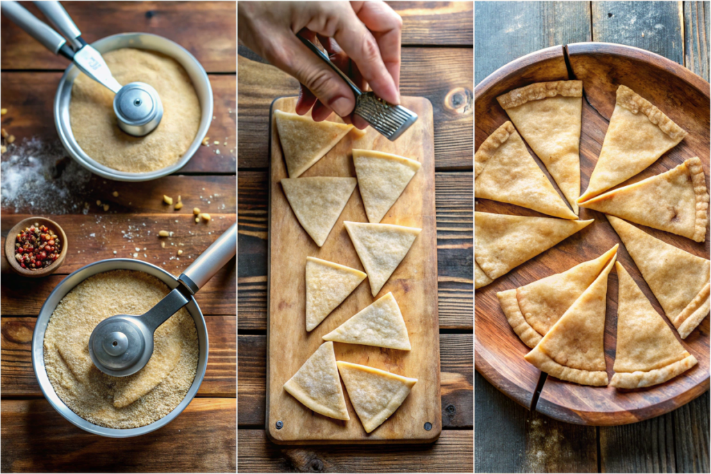 Collage of steps to bake tortilla chips, from slicing to seasoning and baking