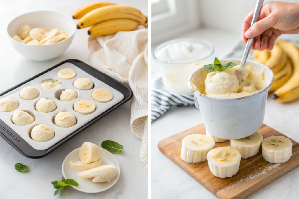 Collage showing the steps to make banana ice cream, from slicing bananas to serving