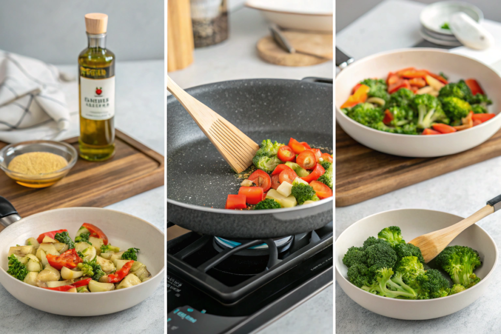 A collage showing the steps for cooking with olive oil in Caraway pans: preheating, brushing oil, and sautéing vegetables.