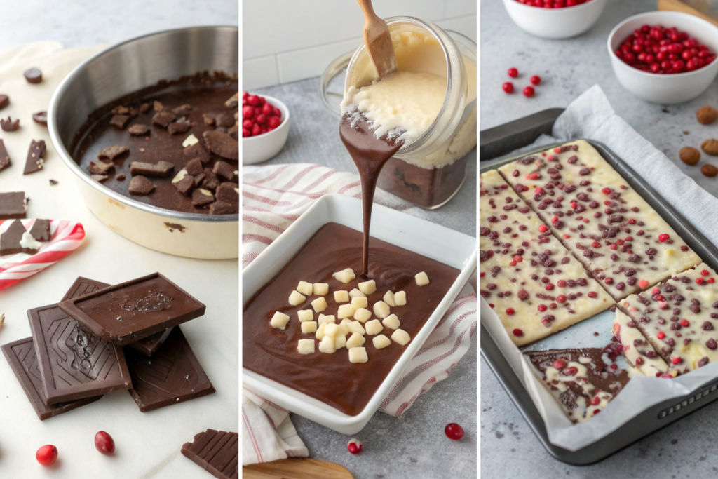 Collage showing steps to make chocolate bark: melting chocolate, spreading it, and adding toppings.