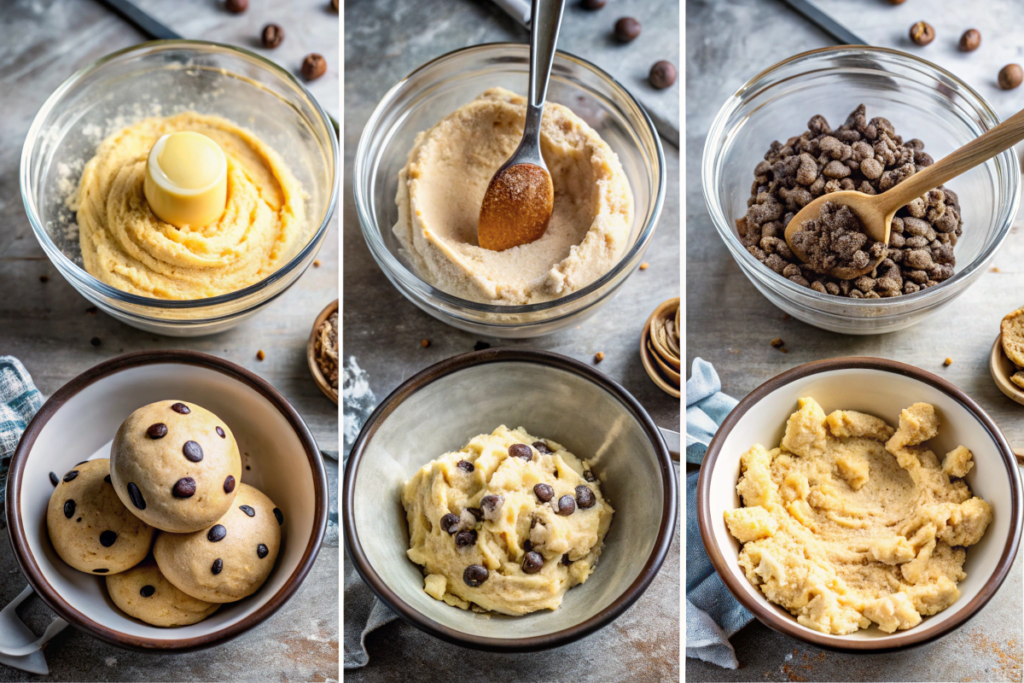 A three-step collage showing the process of making edible cookie dough: heat-treating flour, mixing ingredients, and folding in chocolate chips.