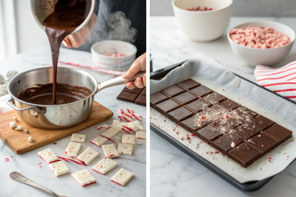 Collage of melting, spreading, and topping steps for making peppermint bark.