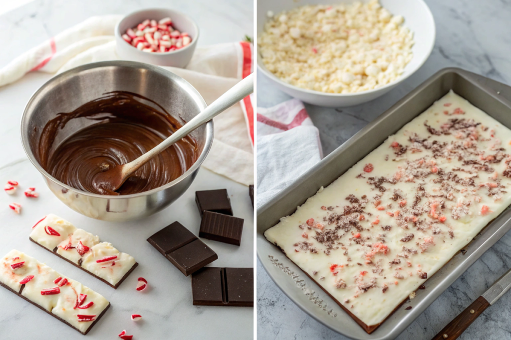 Collage showing steps to make peppermint bark: melting chocolate, layering with white chocolate, and topping with candy canes.