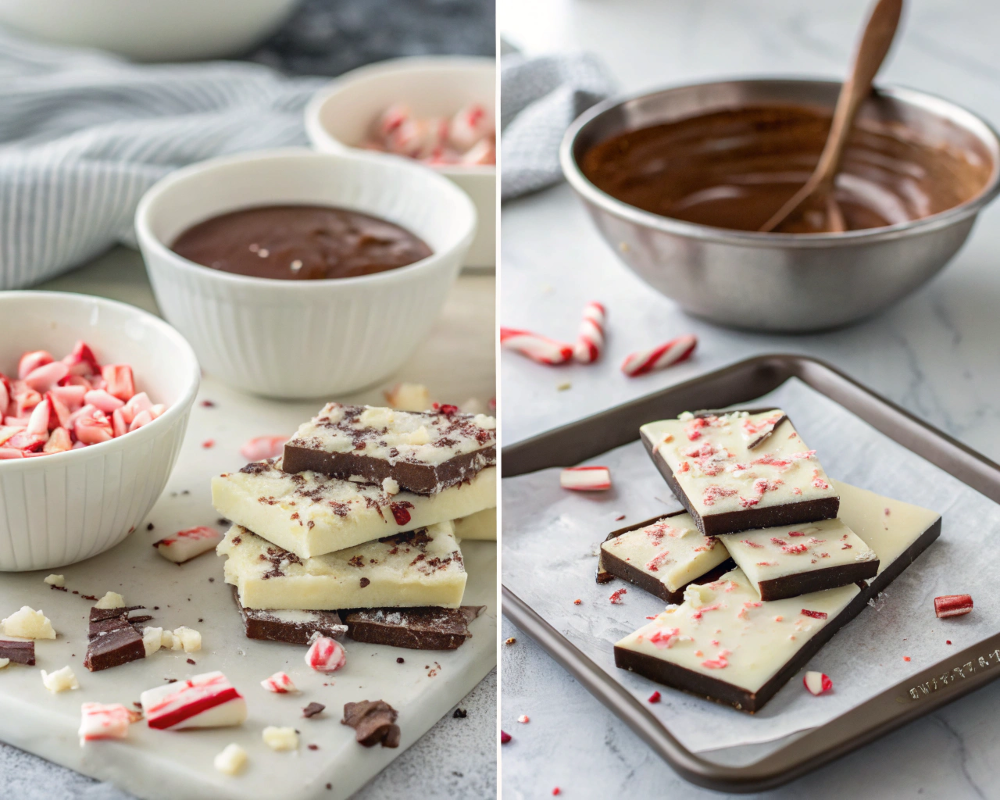 Collage showing the process of making peppermint bark: melting chocolate, layering with candy canes, and breaking into pieces.