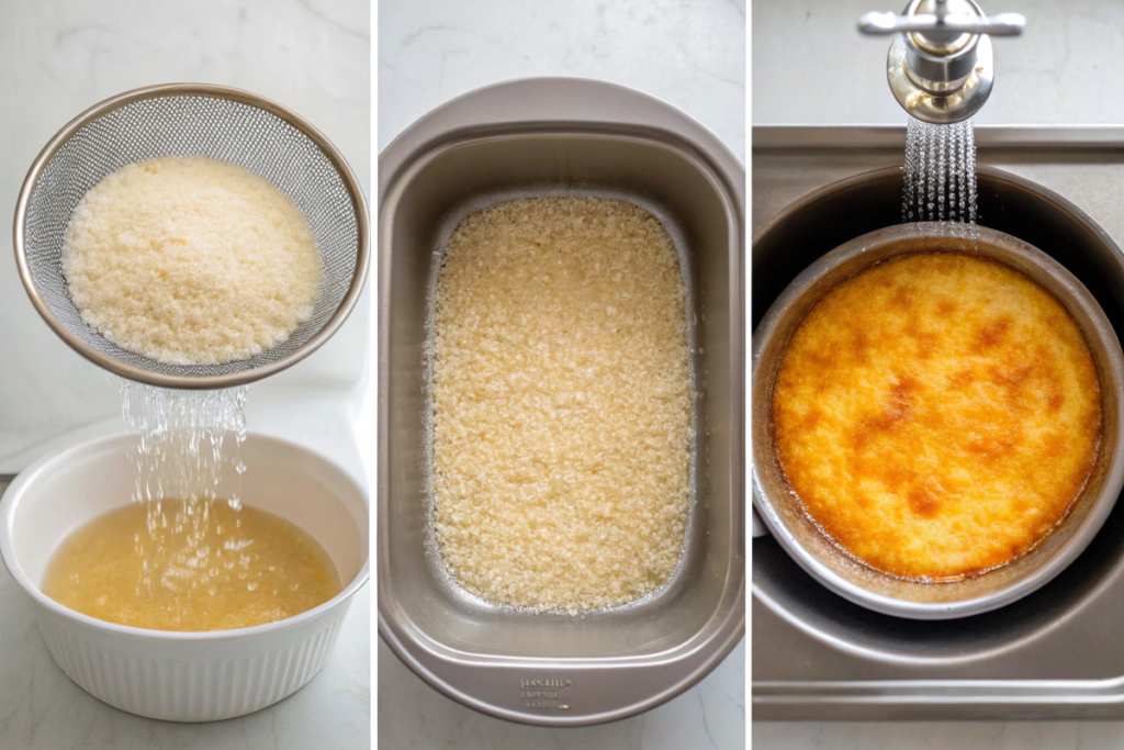 A collage showing steps to make Mary Berry’s rice pudding: rinsing rice, preparing the mixture, and the baked result.