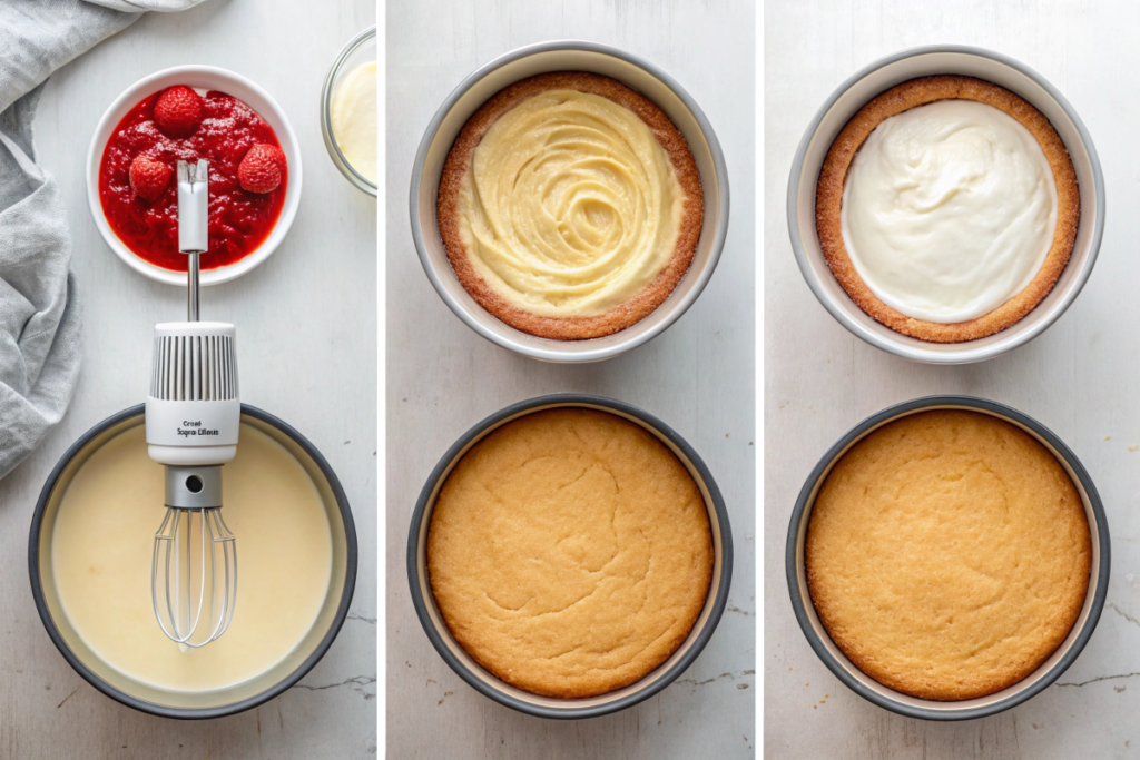 A collage showing steps for Mary Berry’s Victoria Sponge Cake: creaming butter and sugar, pouring batter into tins, and assembling layers with jam and cream.