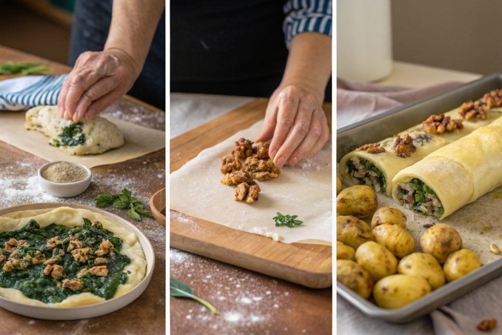 Collage showing the preparation of Christopsomo bread, spanakopita, and roasted lamb for a Greek Christmas feast.