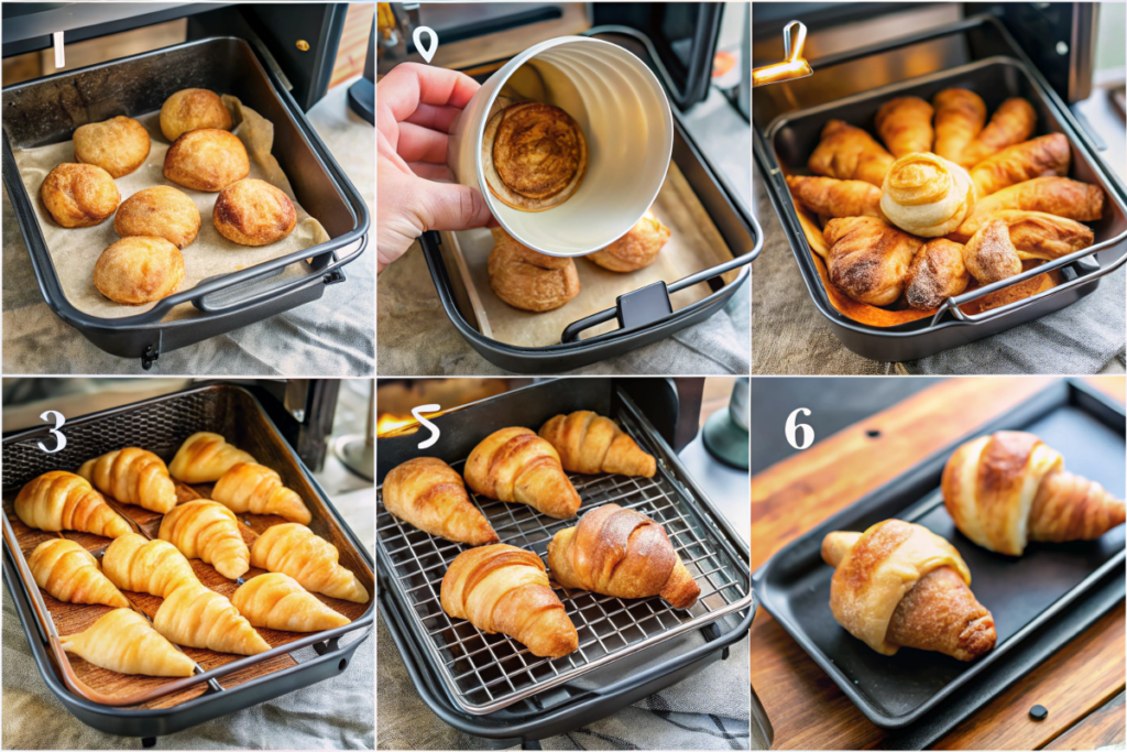 A three-step collage showing how to heat croissants in air fryer