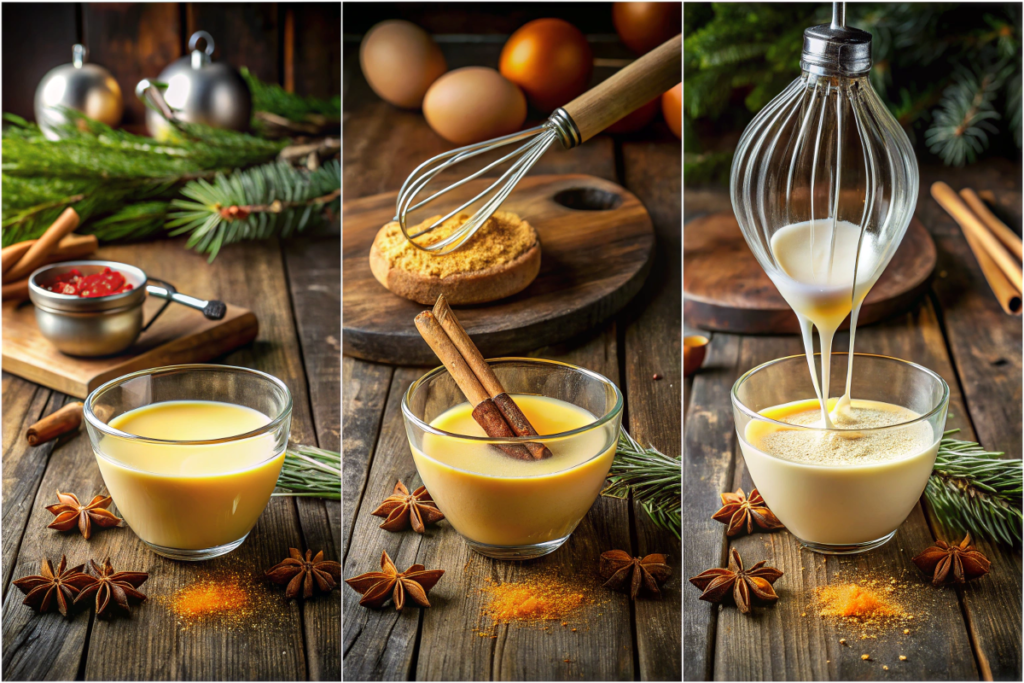 A step-by-step collage for making spiked eggnog, from whisking ingredients to the final presentation