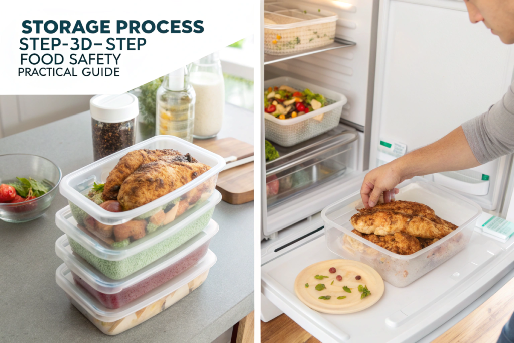 Collage showing the steps to store cooked meat: transferring to a container, labeling, and placing in the fridge.