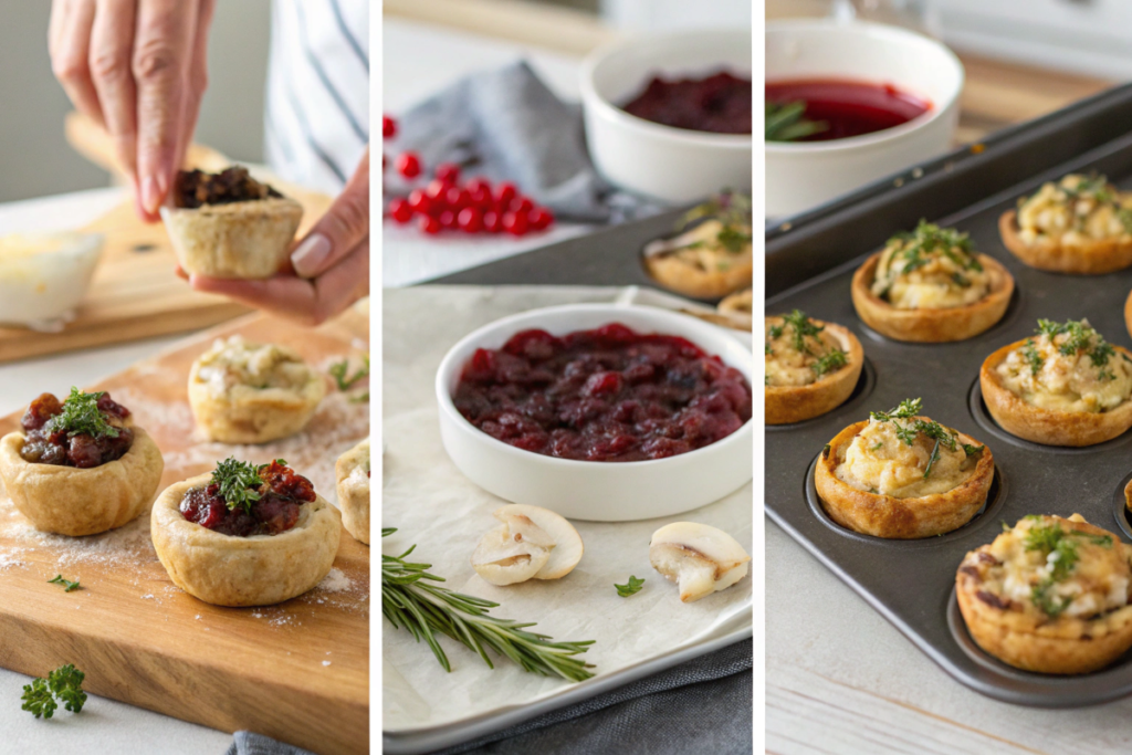 Collage showing the step-by-step process of preparing festive Christmas appetizers like stuffed mushrooms and puff pastry bites.