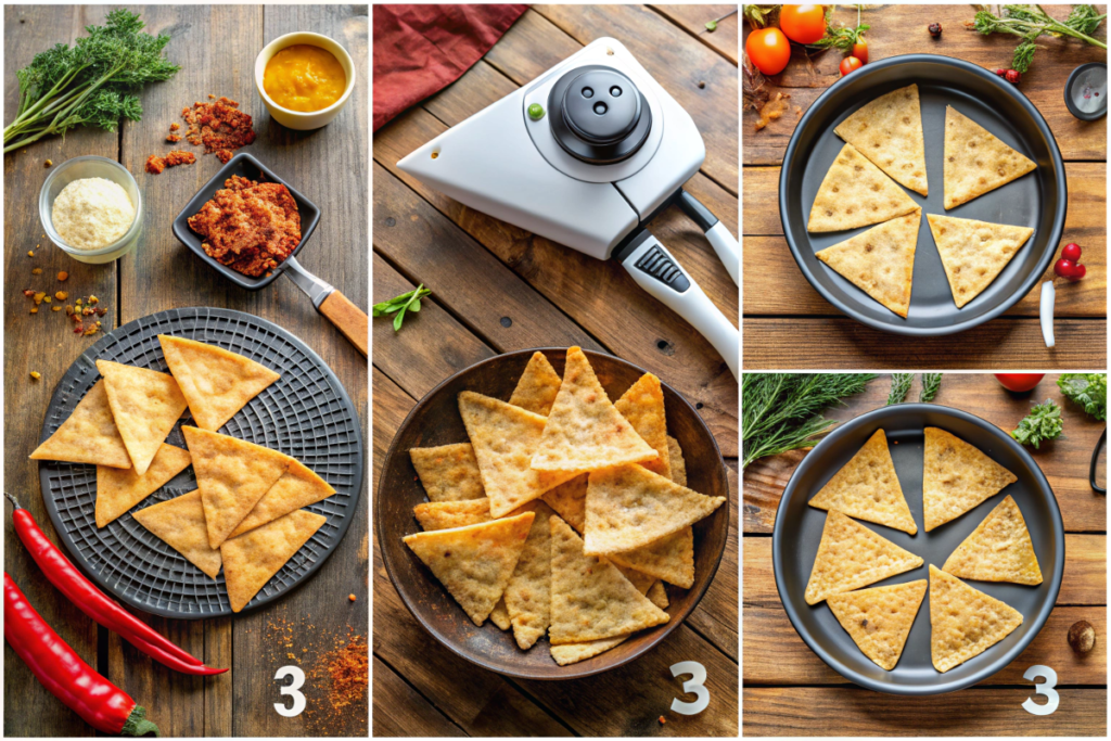 Collage showing step-by-step preparation of oil-free air fryer tortilla chips