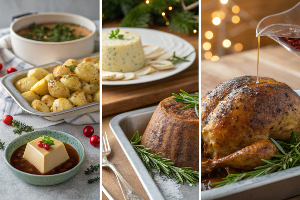 Collage showing turkey preparation, roasting potatoes, and flaming Christmas pudding for an English Christmas dinner.