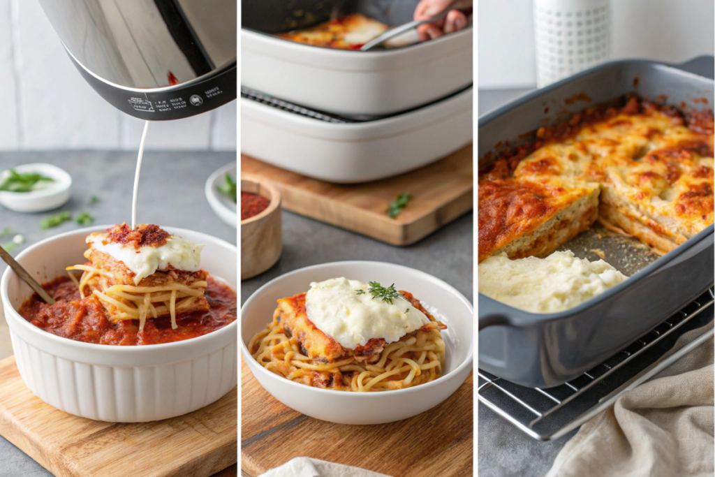 Collage showing the step-by-step process of making lasagna in an air fryer with a ceramic dish.