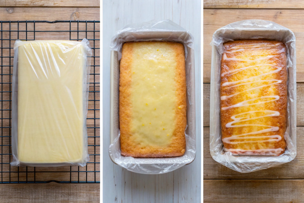 A collage showing the process of freezing lemon drizzle cake: cooling, wrapping, and storing in an airtight container.