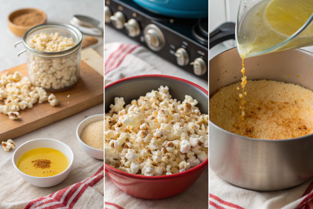 Collage showing steps of making vegan popcorn: heating kernels in oil, popcorn popping in a pot, and tossing it with vegan seasoning in a bowl.