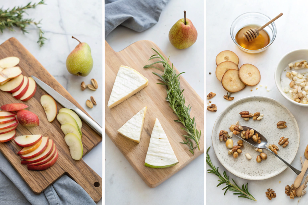 Collage showing the process of creating a fruit and cheese dessert platter with minimal sweetness