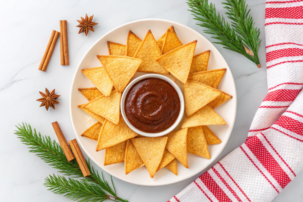 Air fryer tortilla chips coated with cinnamon sugar, served with chocolate dip and festive garnishes.