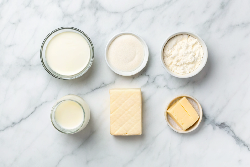 Ingredients for Brie cheese making, including milk, rennet, and bacterial cultures, on a marble counter