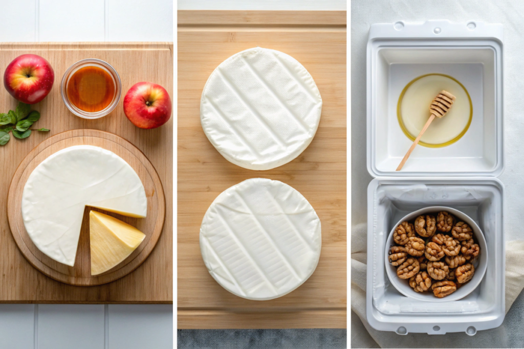 Collage showing steps to reduce Brie’s ammonia smell: airing out, pairing with fruits, and proper storage.