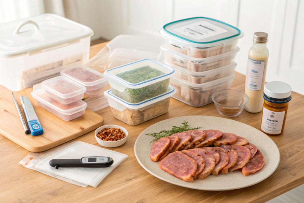 Airtight containers, freezer bags, and a digital thermometer arranged neatly on a kitchen countertop.