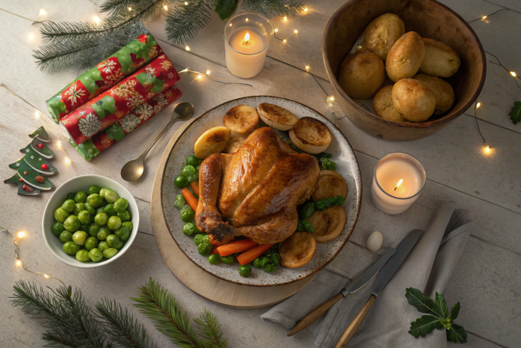 A beautifully set English Christmas dinner table featuring roast turkey, Yorkshire puddings, and festive decorations.