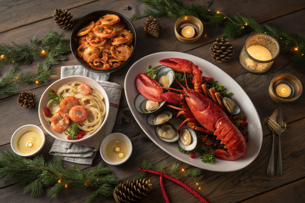 A stunning display of seafood dishes for the Feast of the Seven Fishes surrounded by holiday decorations.