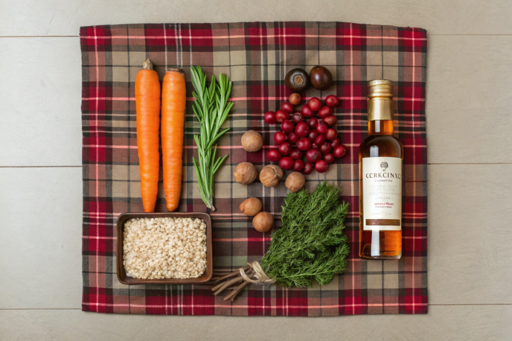 Ingredients for Highland Christmas recipes: oats, root vegetables, cranberries, chestnuts, and whisky on a tartan cloth.