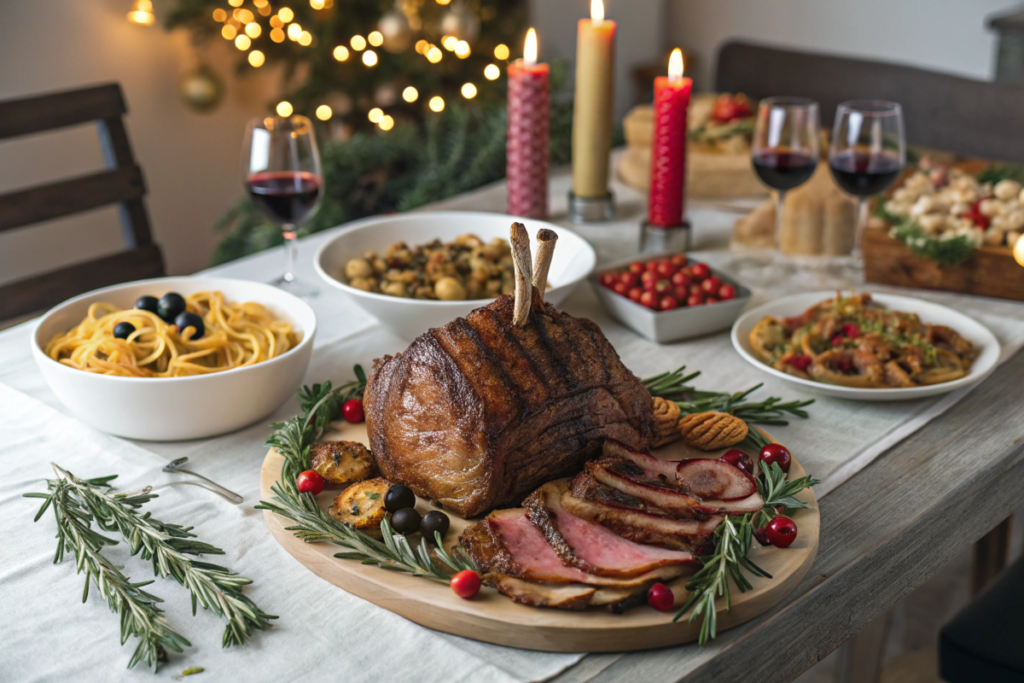 A beautifully set Italian Christmas dinner table with roasted lamb, pasta dishes, and antipasti.