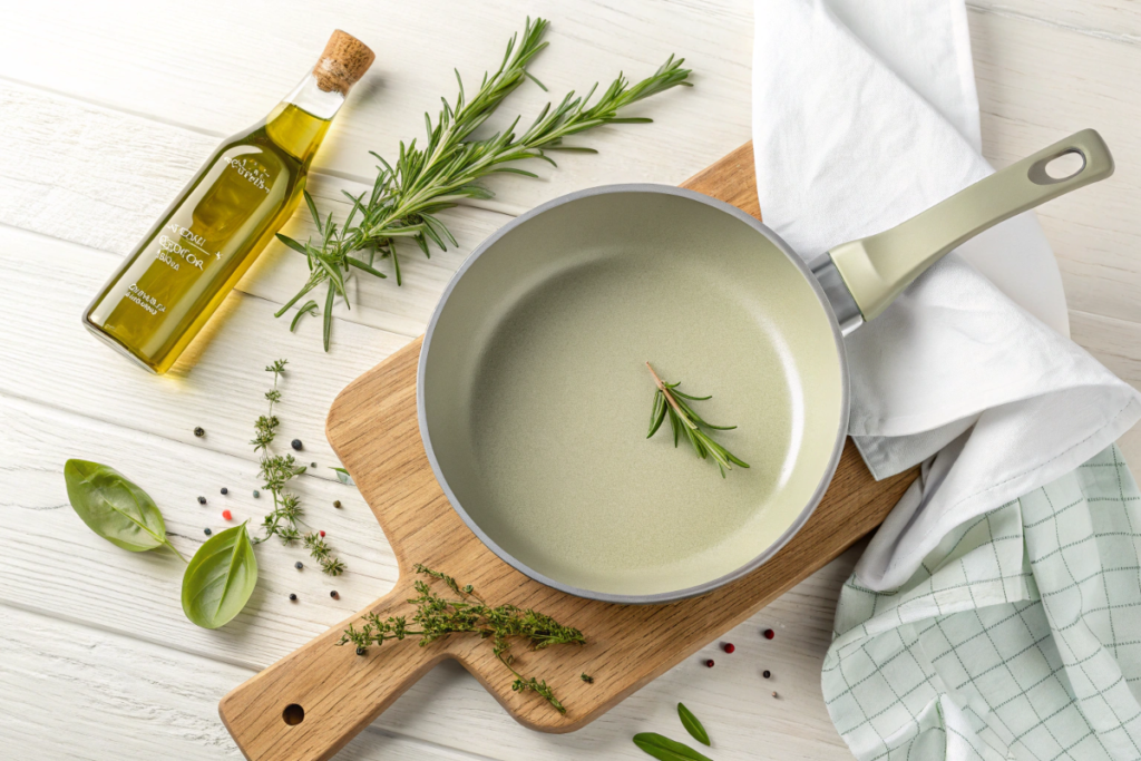 A sleek Caraway pan brushed with olive oil, surrounded by a small olive oil bottle and fresh herbs on a wooden countertop.