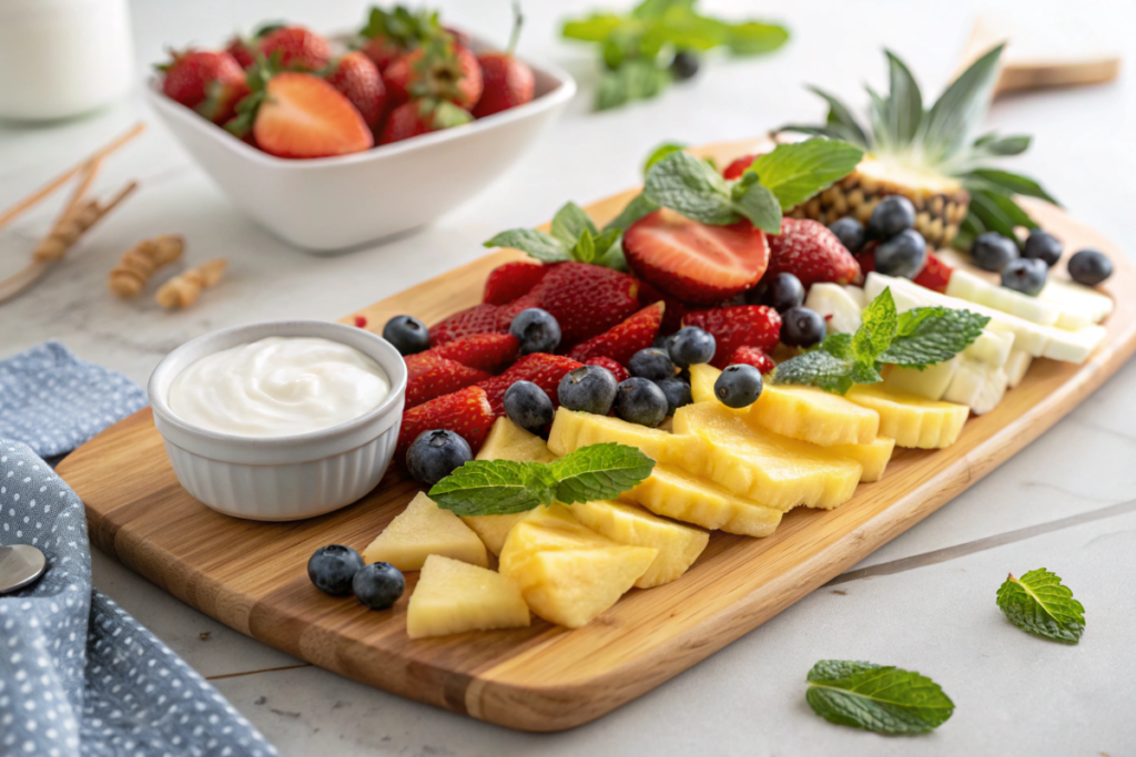 Vibrant fruit platter with yogurt dip, showcasing the simplicity of fresh desserts